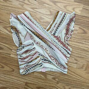 Astr The Label Crossover High Neck Crop Top XS Patterned Flutter Sleeve Draped